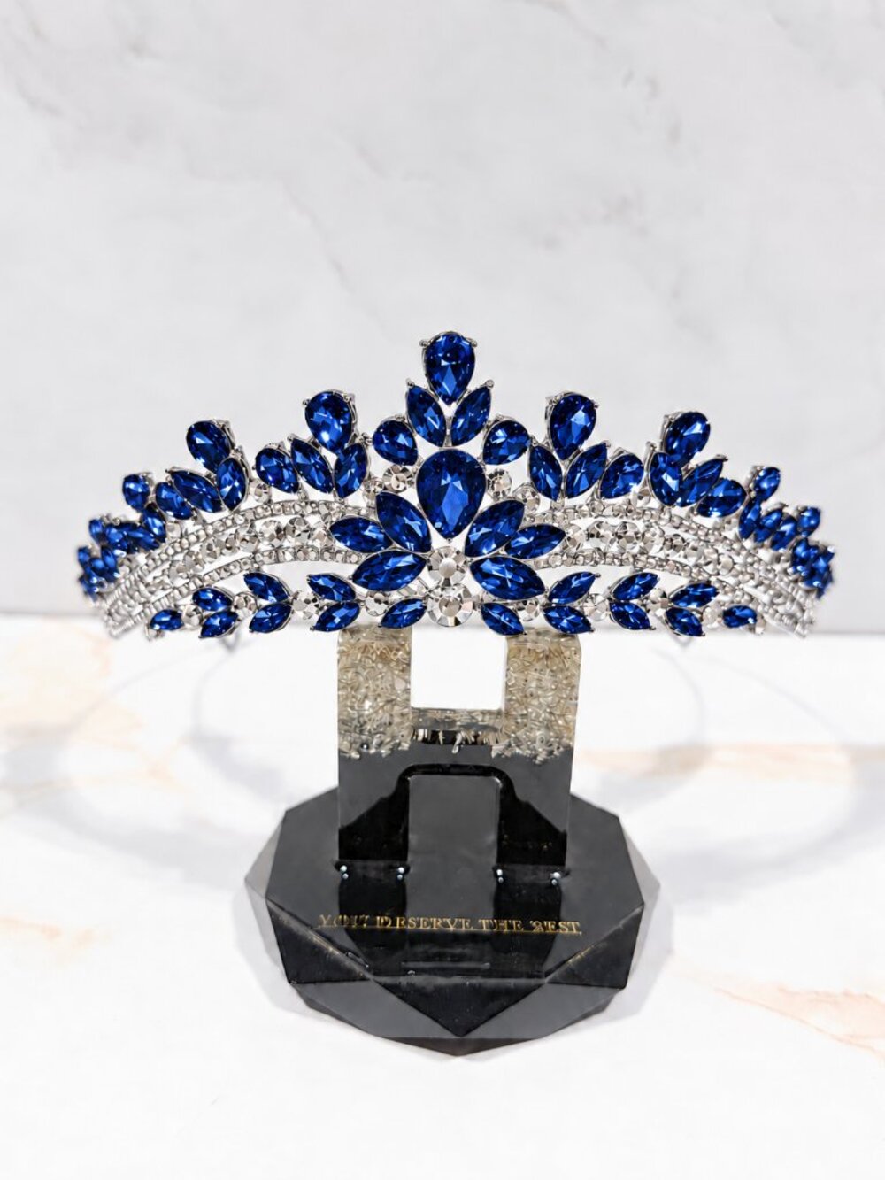 Royal Blue Crystal Tiara Crown Silver Rhinestone Wedding Bridal Pageant Headband